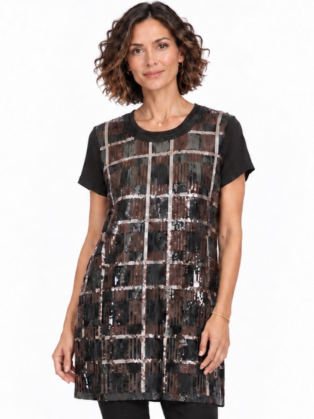 Blumarine Plaid Sequin Tunic Top Made in Italy MEDIUM Short Sleeve Party Evening